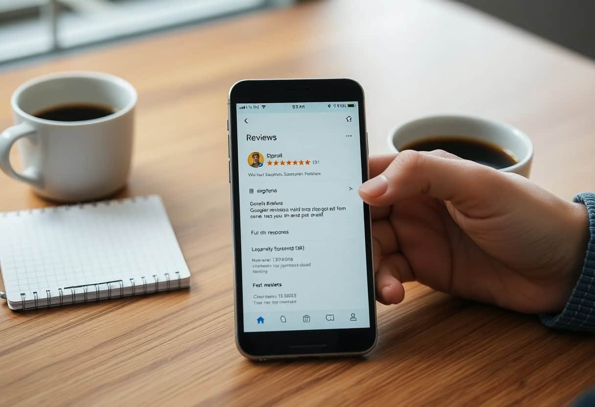 Smartphone showing Google reviews for local businesses with coffee cups and notepad on a wooden table, illustrating local SEO and online reputation management services.