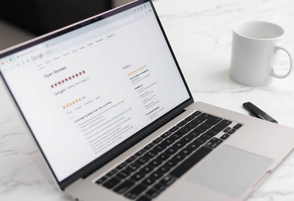 Review of Google business ratings on laptop screen showcasing local SEO and AI search optimization services by Droved, a leading local SEO agency.