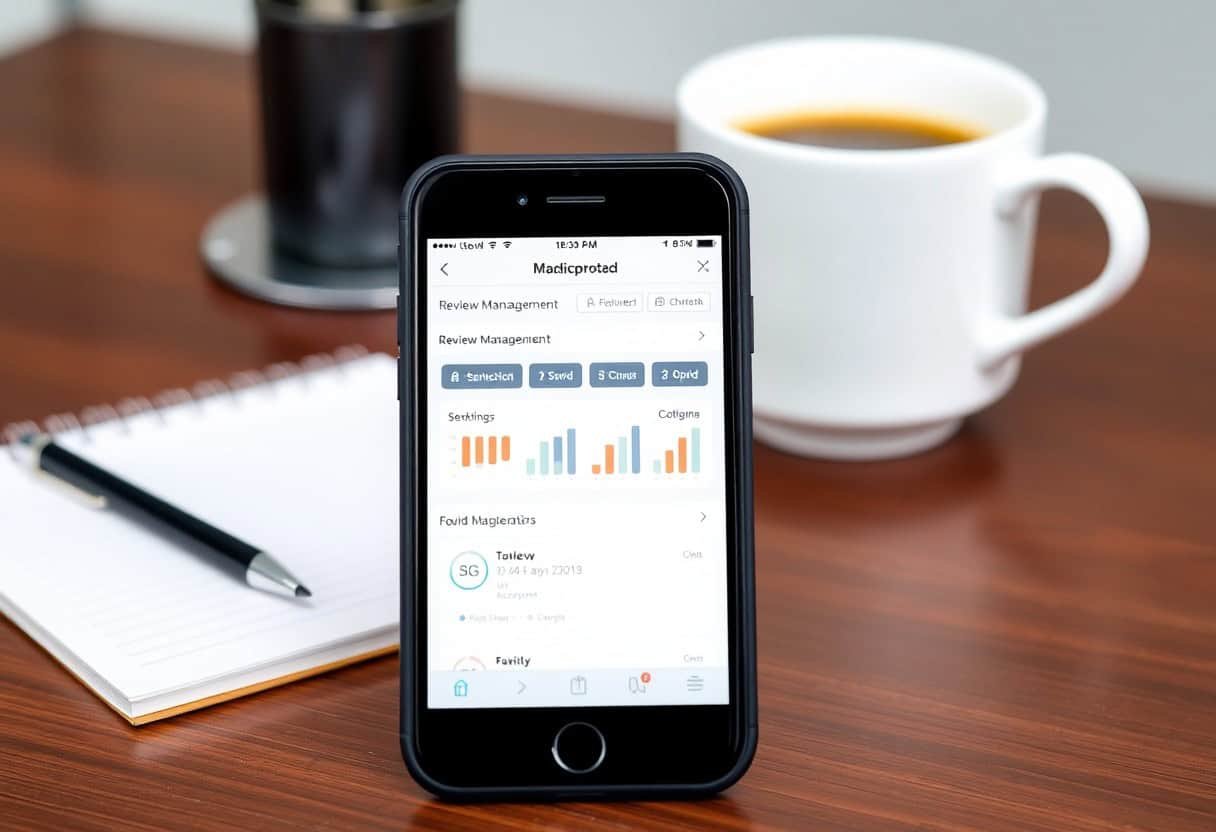 Review management app on smartphone with positive customer reviews and analytics in focus.