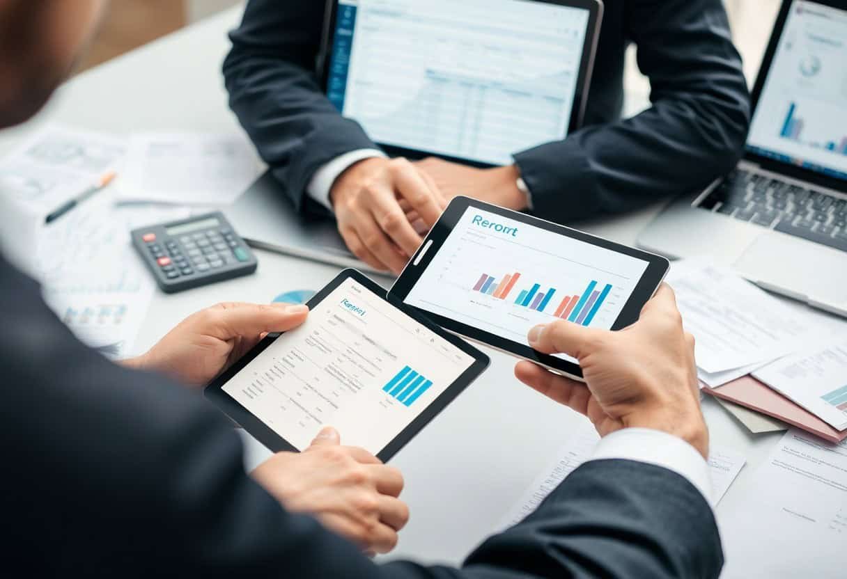 High-angle view of business professionals analyzing digital marketing reports on tablets during a meeting, emphasizing local SEO and AI search optimization strategies.