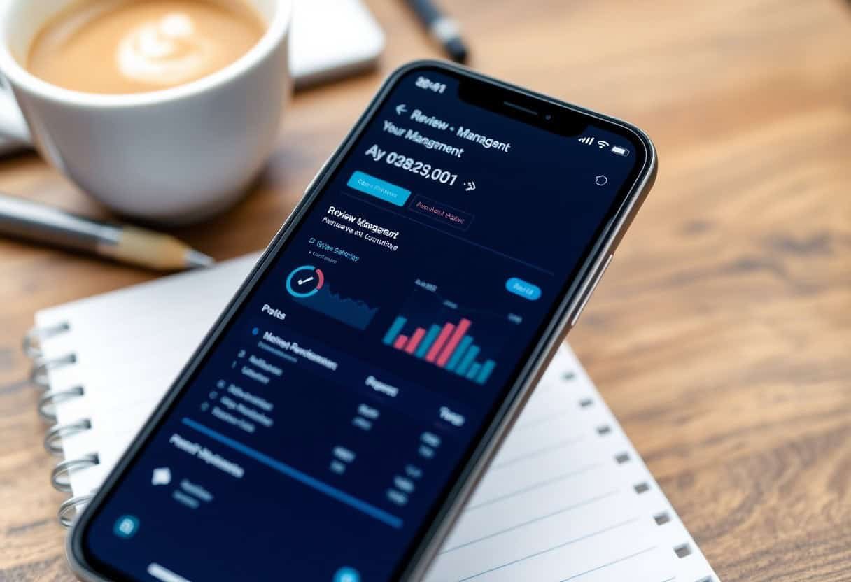 Mobile device displaying local SEO analytics dashboard for review management, with colorful graphs on a wooden desk.
