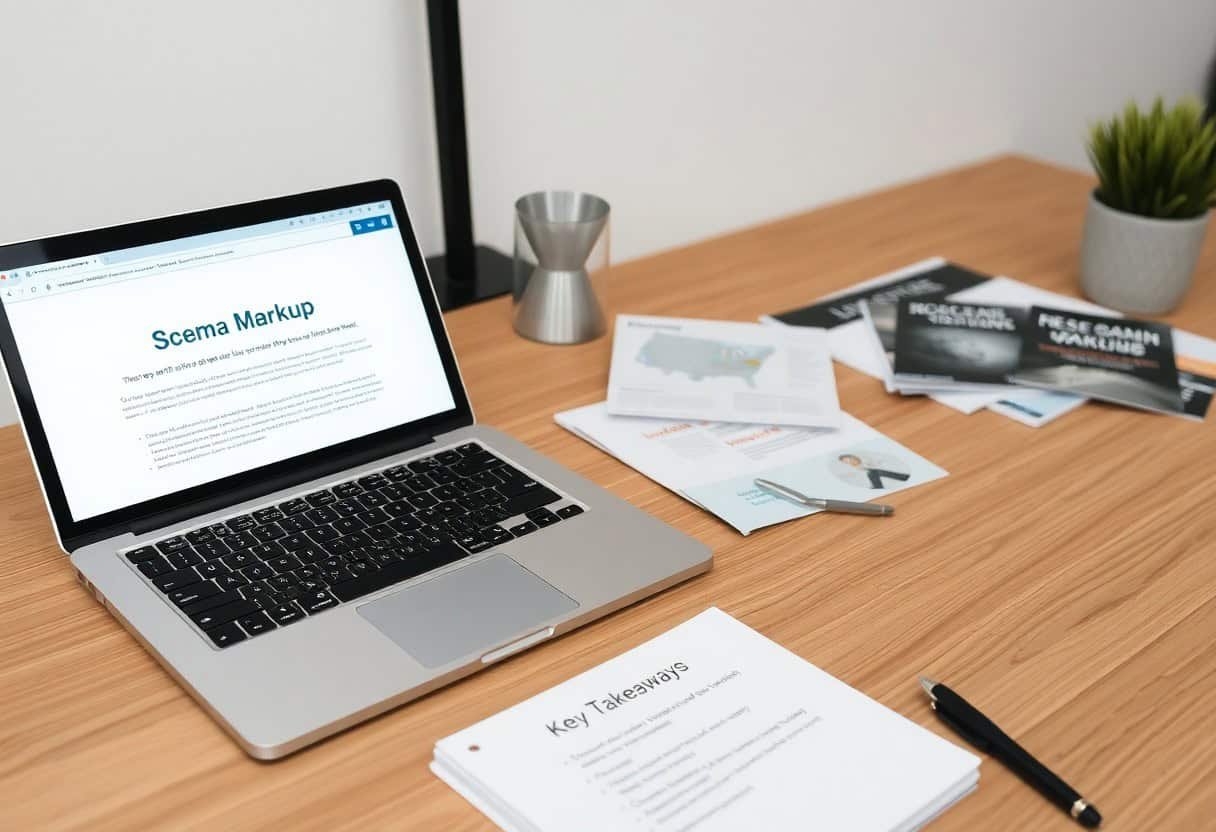 A laptop displaying a webpage about schema markup sits on a wooden desk, surrounded by documents, papers, a small plant, and a timer—perfect for learning about local SEO and AI search optimization.