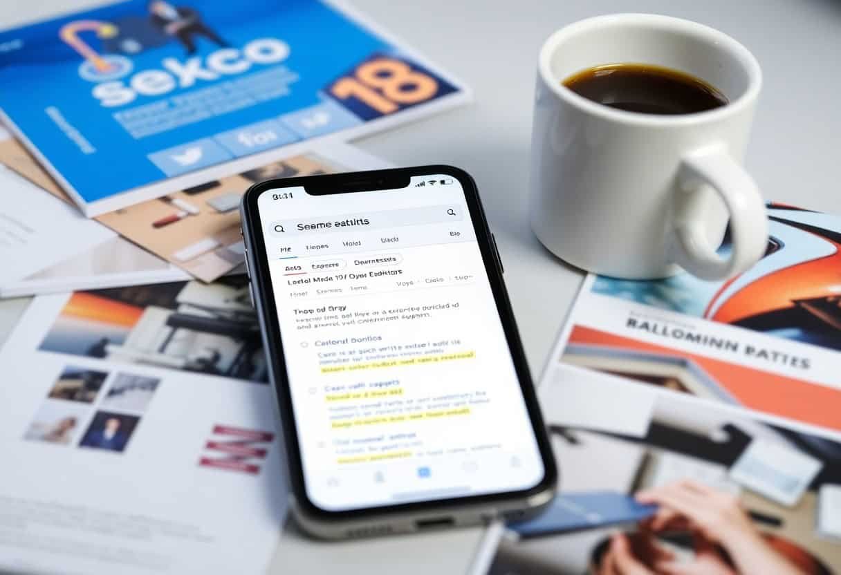 A smartphone displaying local SEO and AI search optimization results sits on scattered magazines and papers, next to a white coffee mug filled with black coffee.