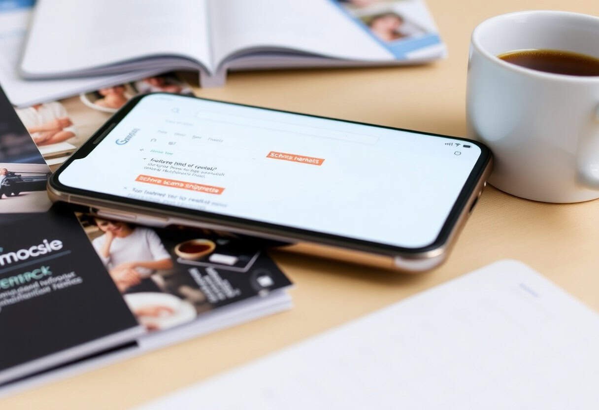 A smartphone displaying ai search optimization lies on a desk next to a cup of coffee, an open magazine, and some notebooks or papers, suggesting a work or study environment focused on local SEO.