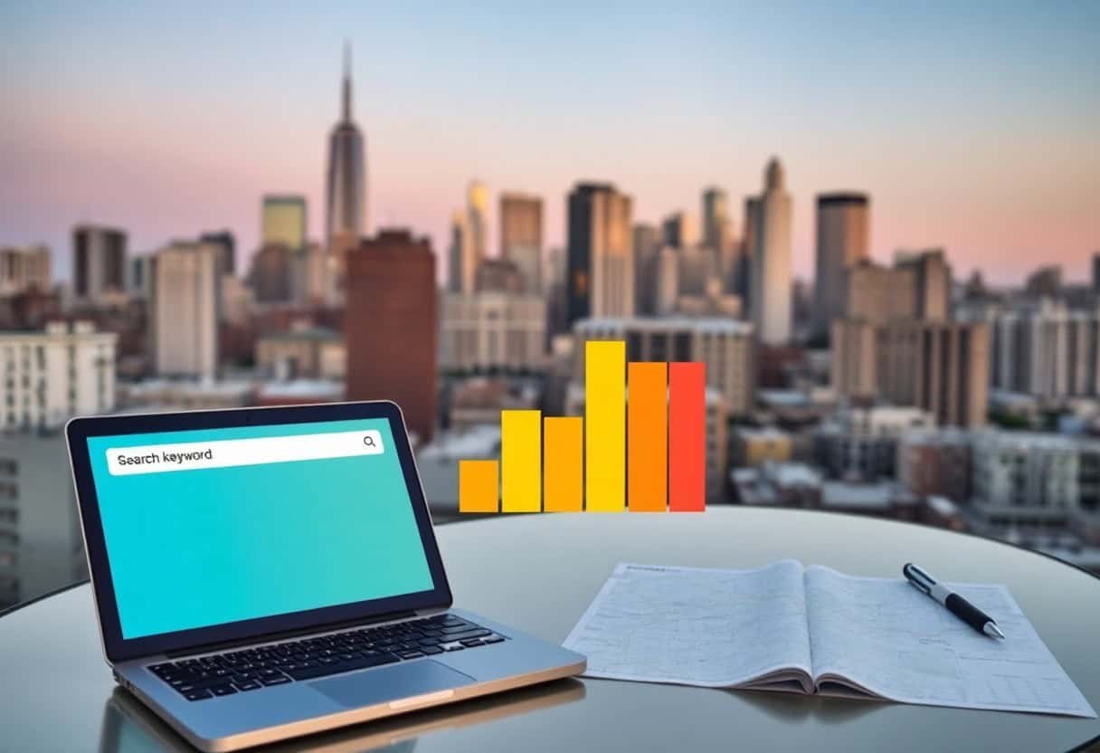 A laptop displaying a search bar, a notebook, and a pen rest on a round table. Above, a colorful bar graph symbolizes local SEO and AI search optimization. A city skyline with skyscrapers shines in the sunset background.