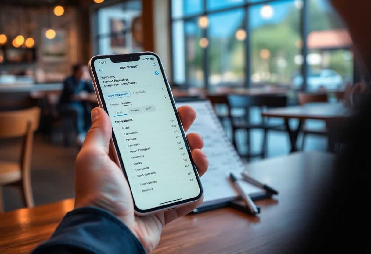 A person holds a smartphone displaying a statistics app in a modern café with wooden tables and large windows, hinting at how local SEO and AI search optimization empower businesses everywhere. A blurred notepad and pen rest on the table in the background.