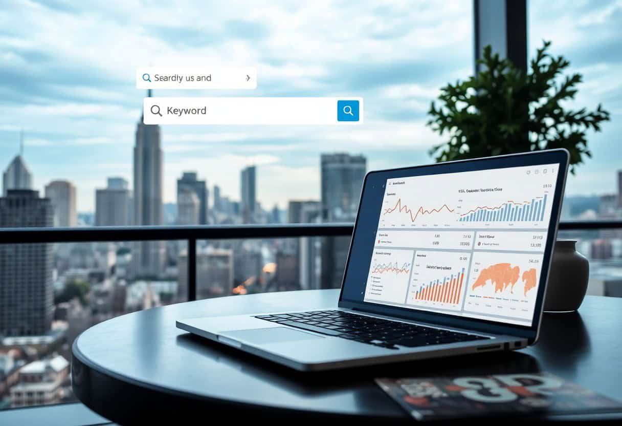 A laptop displaying analytics graphs sits on a round table by a window, overlooking a city skyline. A search bar graphic hints at local SEO and AI search optimization, while a magazine is partly visible on the table.