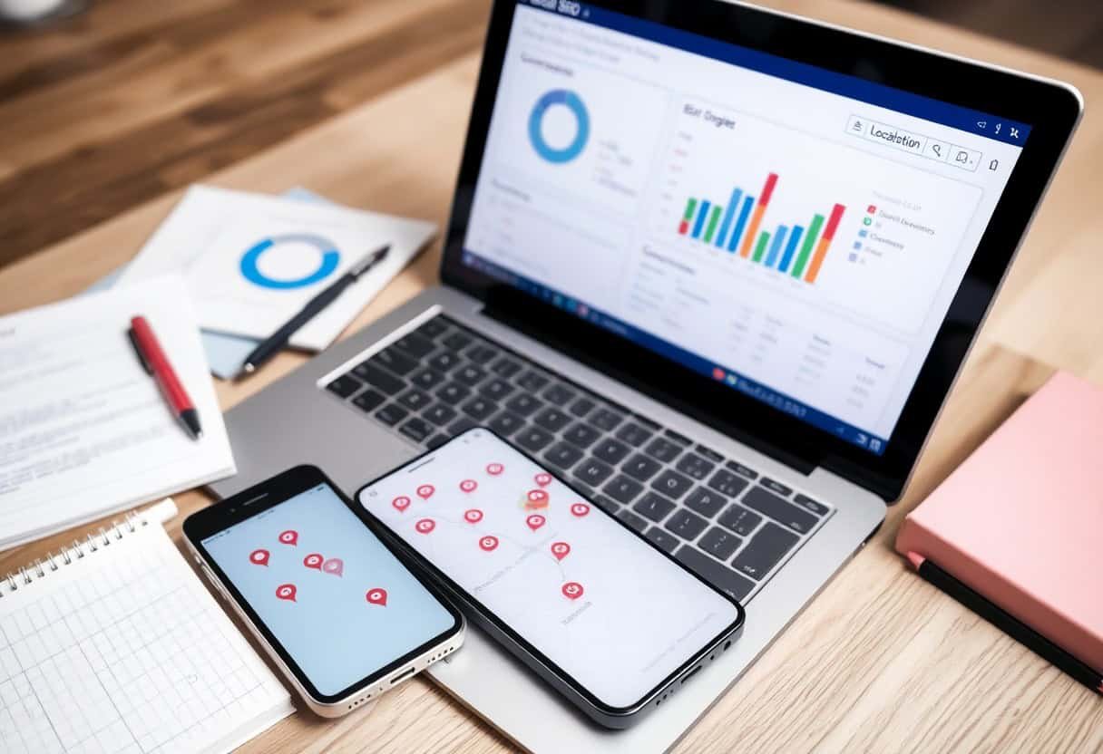 A laptop displaying charts and graphs, two smartphones with map pin icons on their screens, a notebook, a red pen, and printed charts are arranged on a wooden desk—perfect for exploring local SEO and AI search optimization.