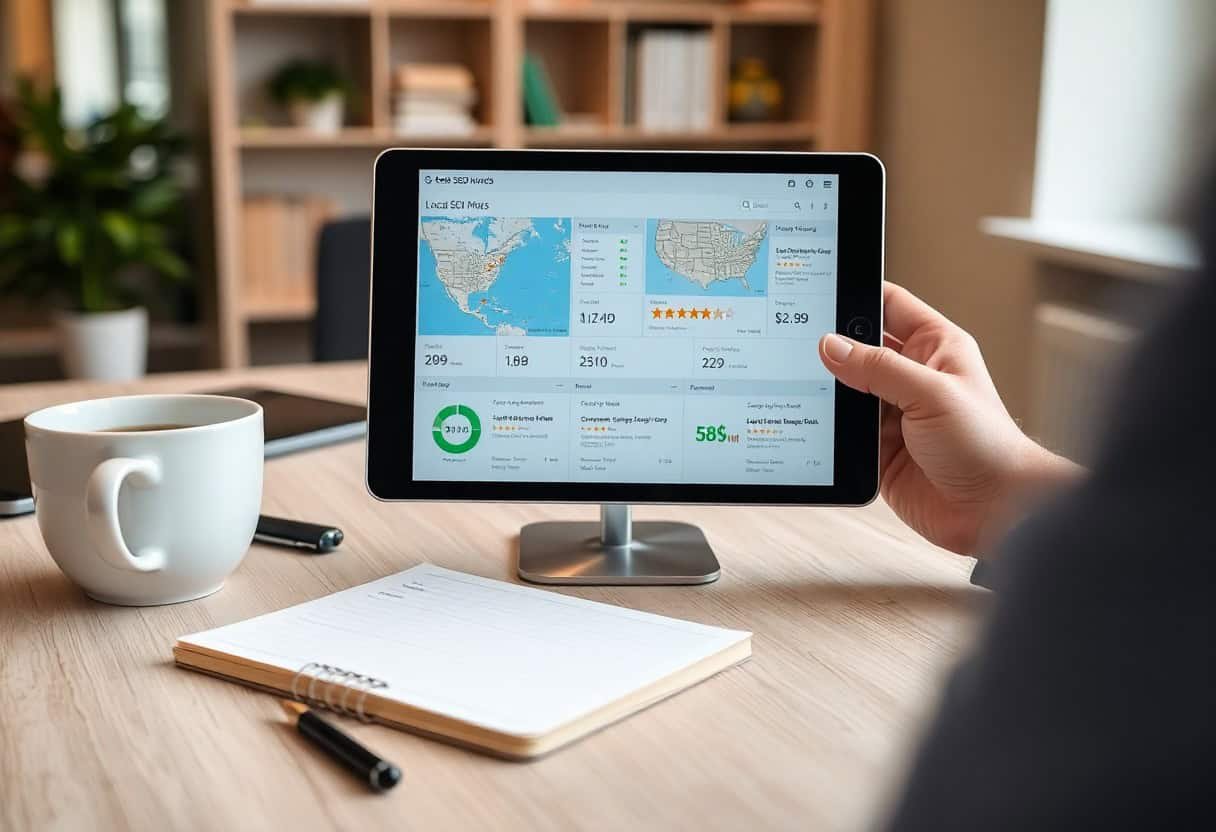 A person holds a tablet displaying business analytics with graphs, maps, and metrics—perfect for local SEO and AI search optimization. A coffee cup, notepad, and pen rest on the wooden desk in a modern office setting with shelves behind.