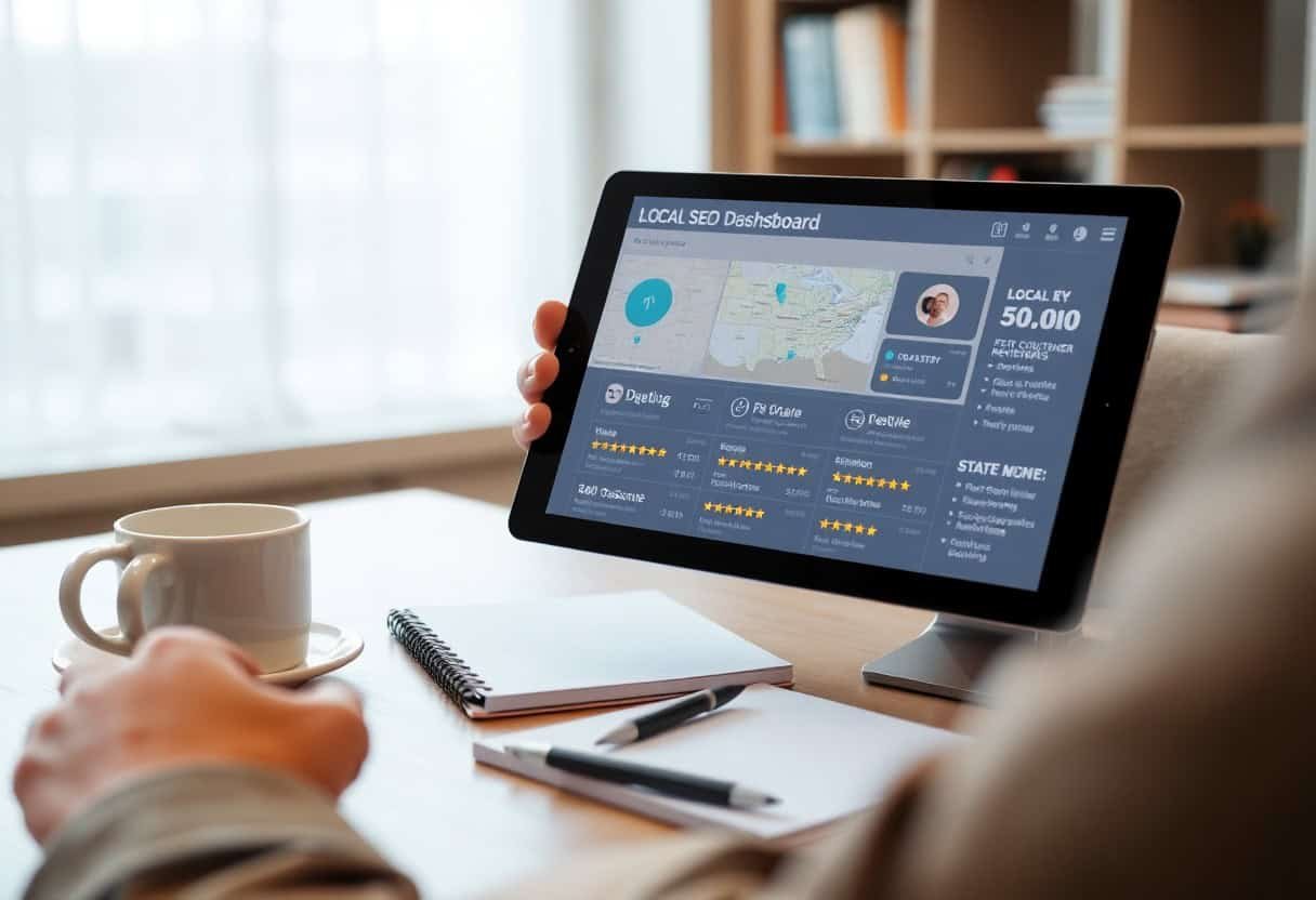 A person holding a tablet displaying a local SEO dashboard with analytics and AI search optimization, maps, and review stats, while sitting at a desk with coffee, notebook, pen, and computer keyboard.