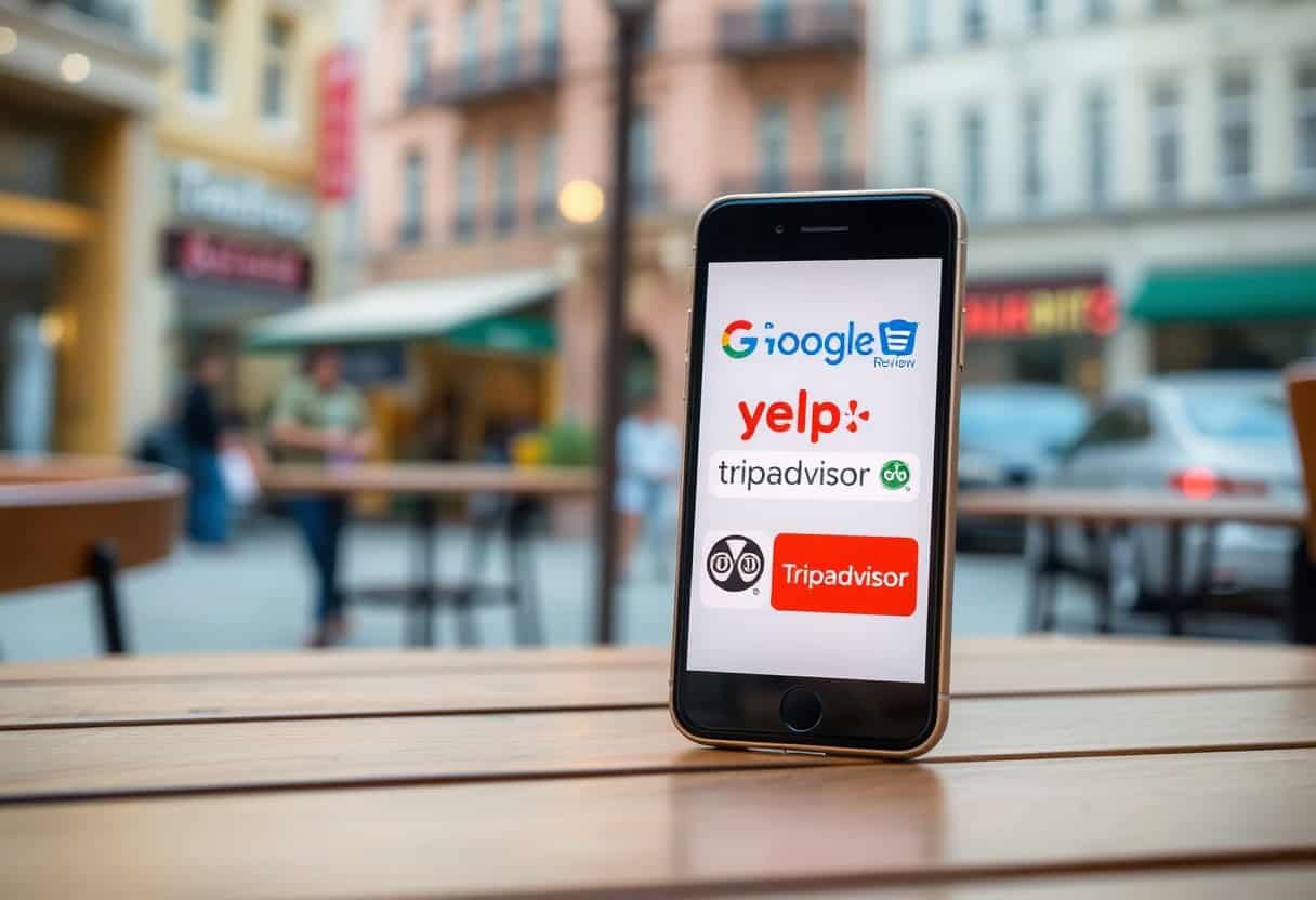 Google, Yelp, TripAdvisor, and other review platform logos displayed on a smartphone in an outdoor urban café setting.