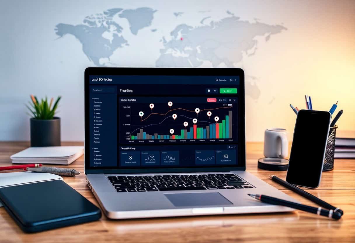 A laptop displaying colorful financial charts and data sits on a wooden desk with a smartphone, notepad, pen, and pencil—perfect for analyzing local SEO and AI search optimization. A world map is blurred in the background on the wall.
