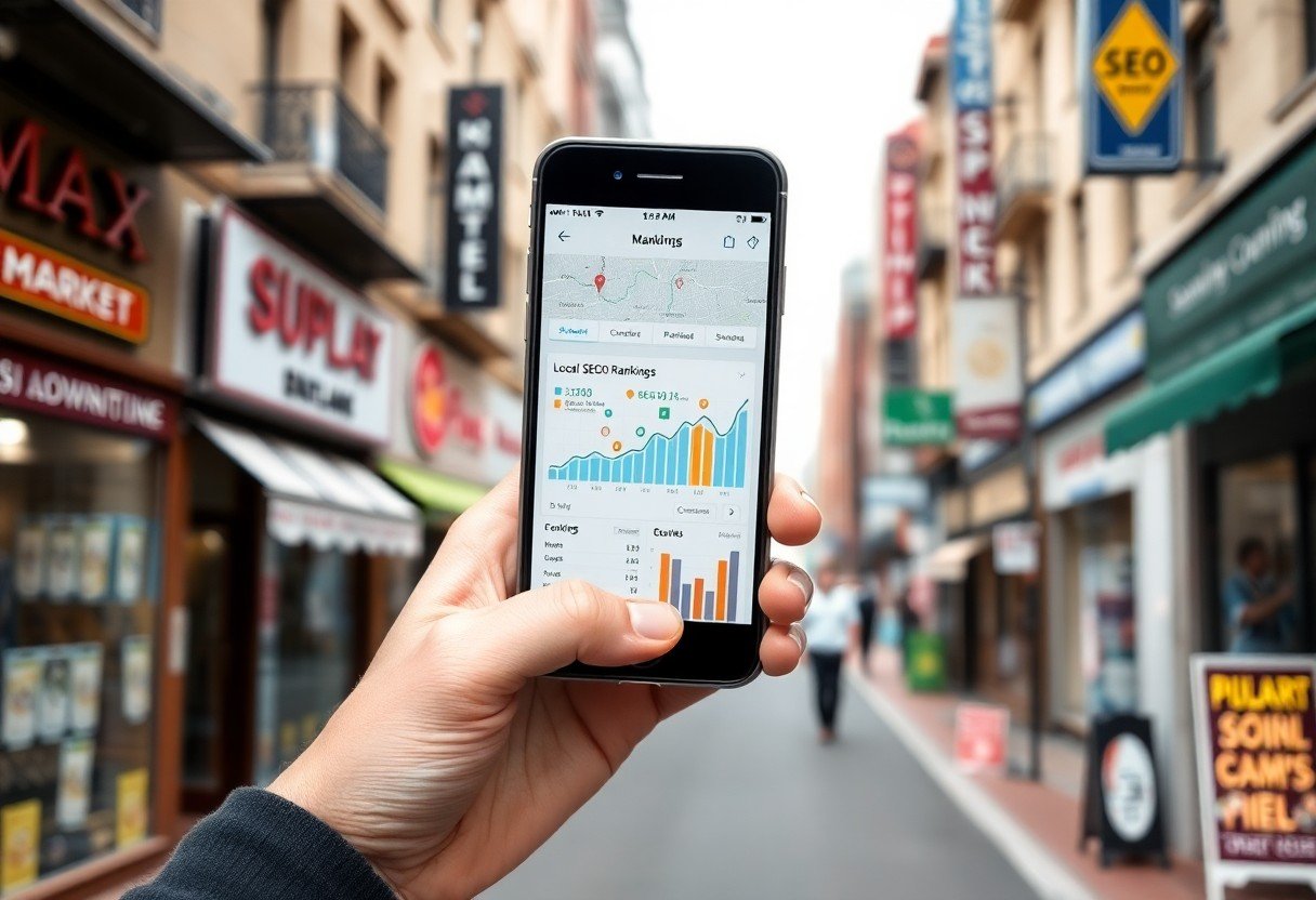 A person holds a smartphone on a city street, displaying “Local SEO Rankings” with colorful charts. Shop signs and storefronts line the blurred background, highlighting the power of local SEO and AI search optimization for businesses.
