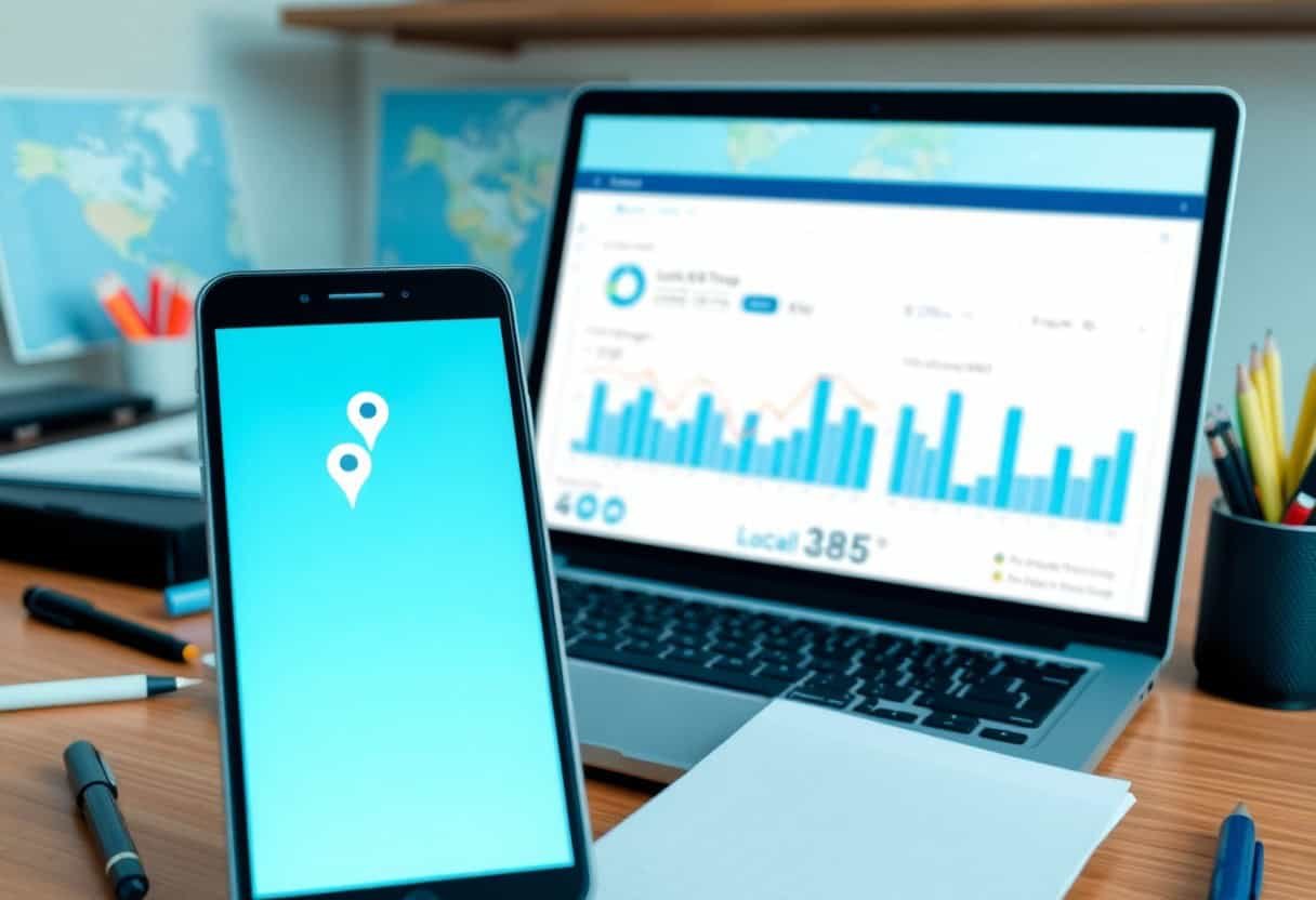 A smartphone displaying a map app with location pins, perfect for local SEO and AI search optimization, sits on a desk in front of a laptop showing charts and analytics, surrounded by office supplies.