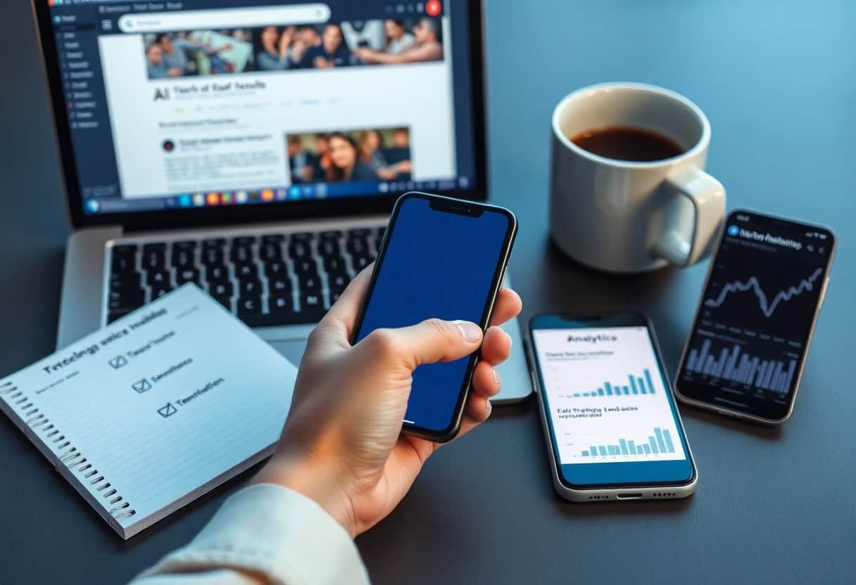 A person holds a smartphone in front of an open laptop, with a notepad, pen, cup of coffee, and another phone displaying analytics and graphs—perfect for tackling local SEO and AI search optimization tasks.