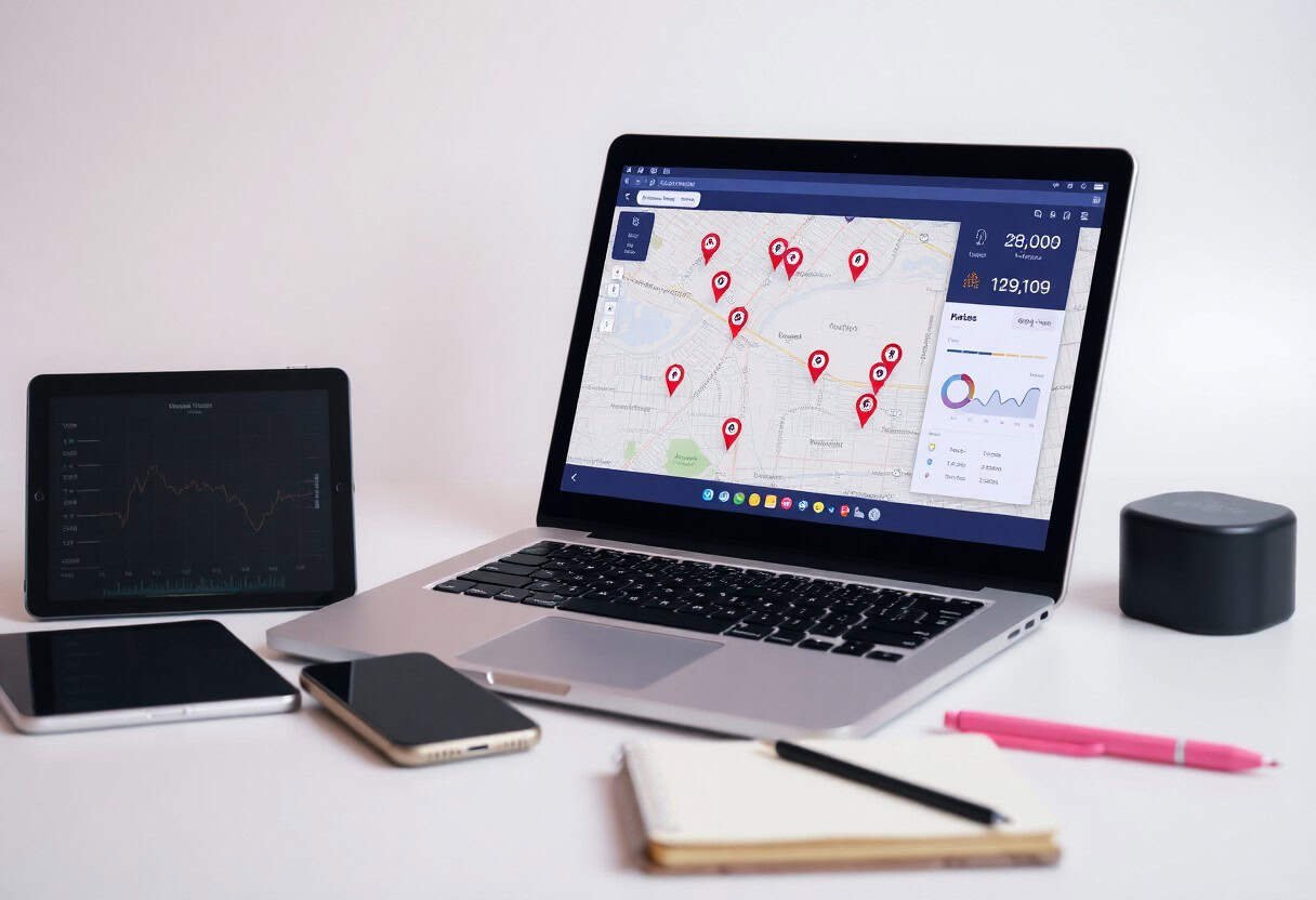A laptop displays a map with red location markers and data charts, hinting at local seo and ai search optimization. Nearby, a tablet shows a graph, joined by a smartphone, closed laptop, notebook with pen, and small black speaker on a white desk.