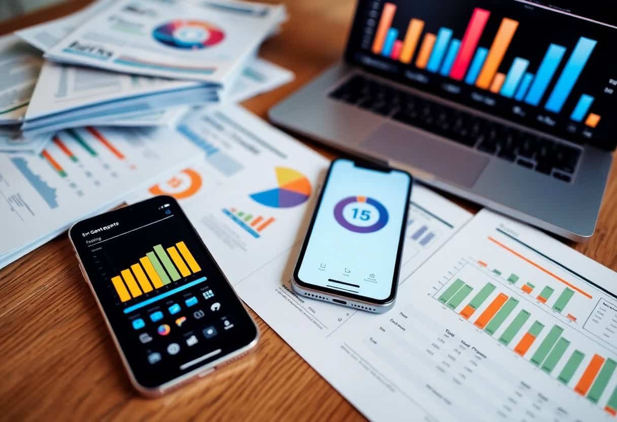 A desk with financial charts and graphs on paper, a laptop showing colorful bar graphs, and two smartphones displaying data visualizations—illustrating business analytics, financial analysis, and the impact of local SEO and AI search optimization.