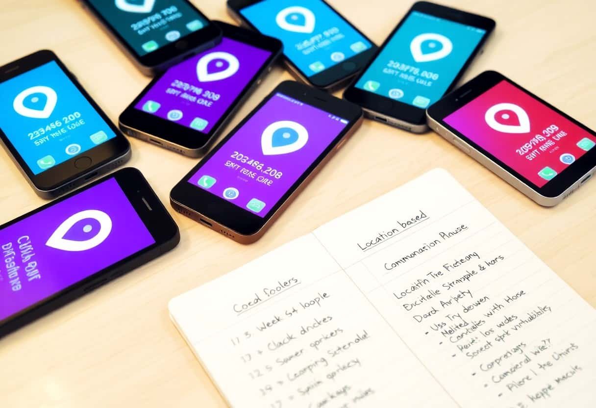 Eight smartphones with colorful screens displaying a location pin icon and a phone number are arranged on a table next to an open notebook containing handwritten notes about local SEO and AI search optimization features.