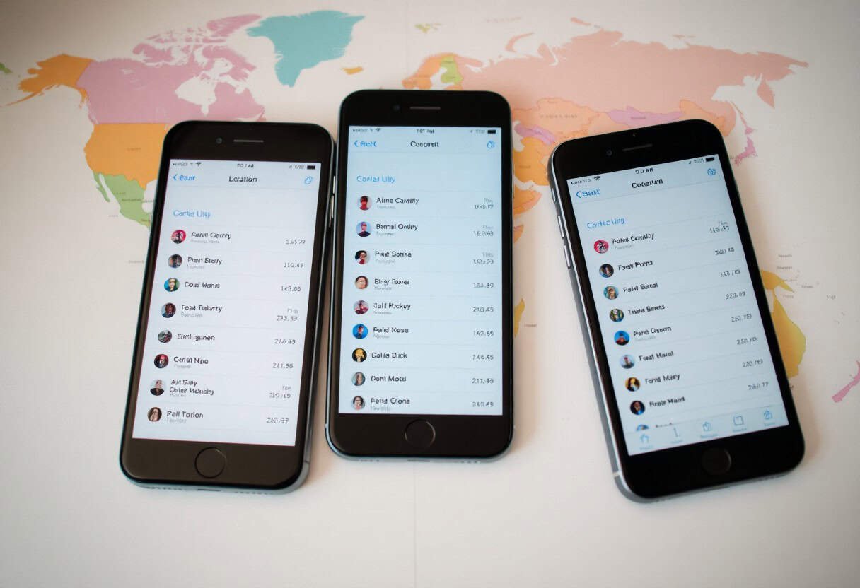 Three smartphones displaying contact lists are placed side by side on a table, with a colorful world map as the background. Each screen shows different names and call durations—perfect for showcasing local SEO strategies or ai search optimization.