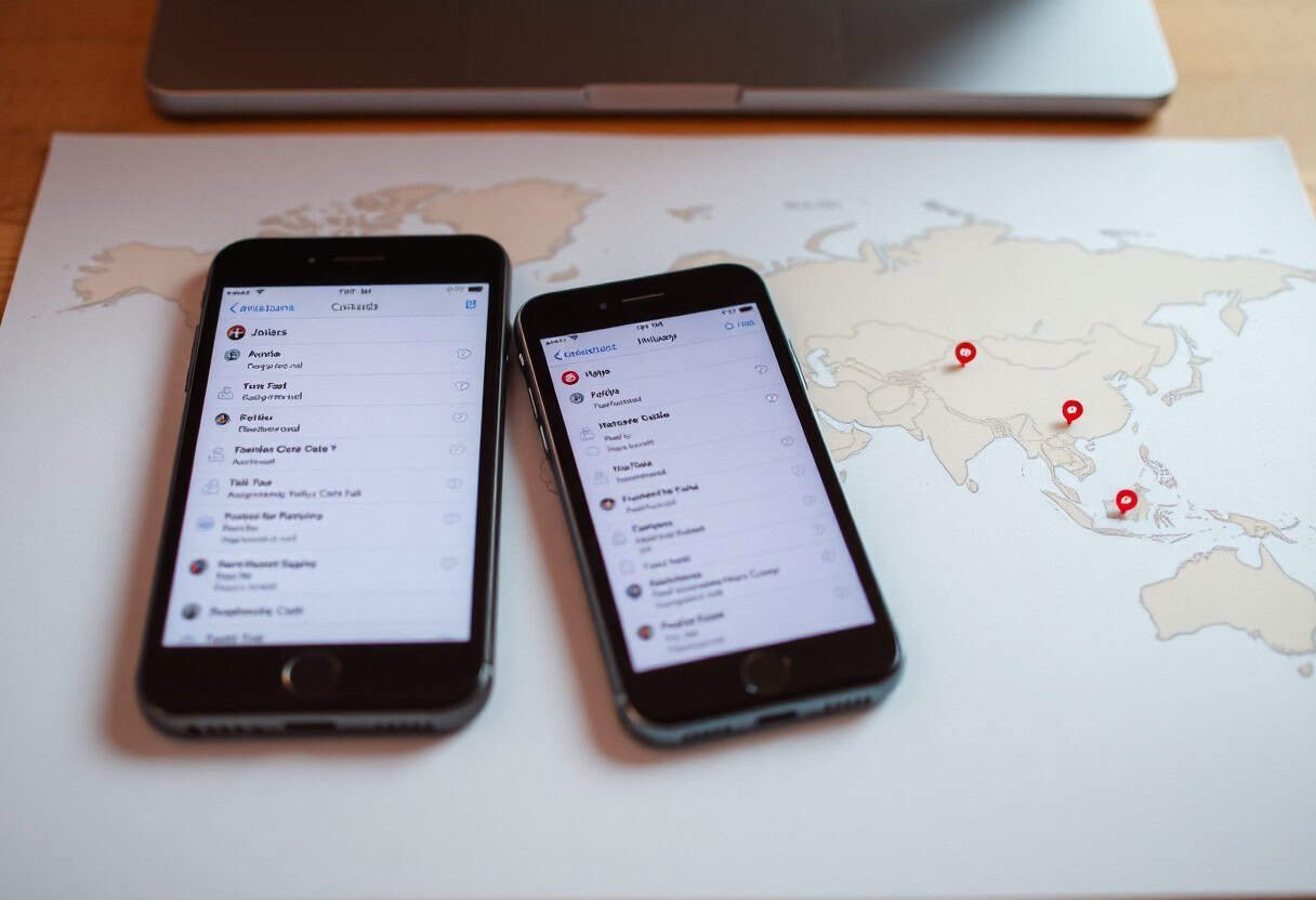 Two smartphones displaying contact lists rest on a world map with three red location pins marked in Asia, highlighting the power of local SEO and AI search optimization. A laptop is partially visible in the background.
