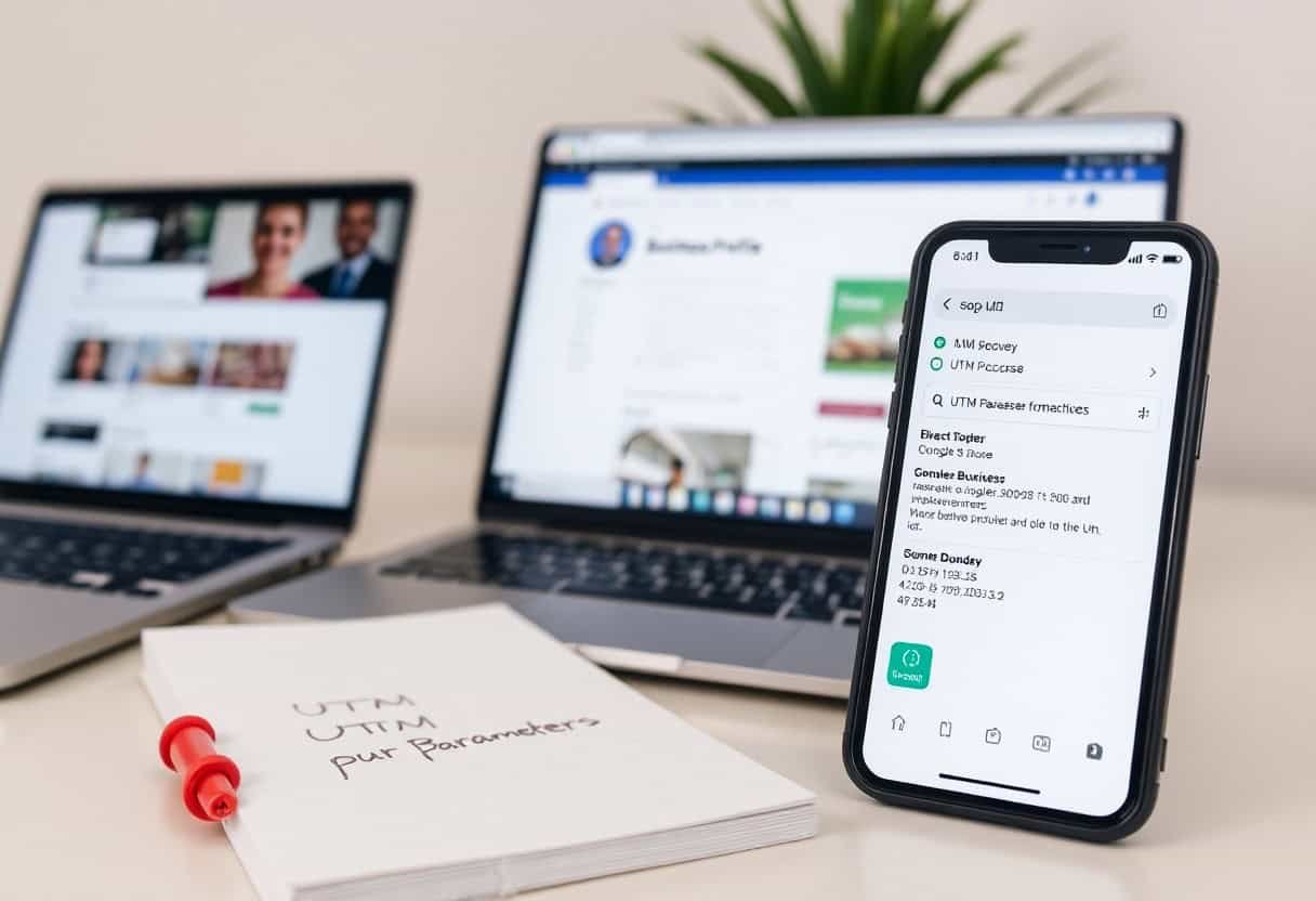 A smartphone displaying a messaging app stands on a desk beside a notepad, pen, and two open laptops showing web pages—an ideal workspace setup for business, digital marketing tasks, or managing local SEO and AI search optimization.
