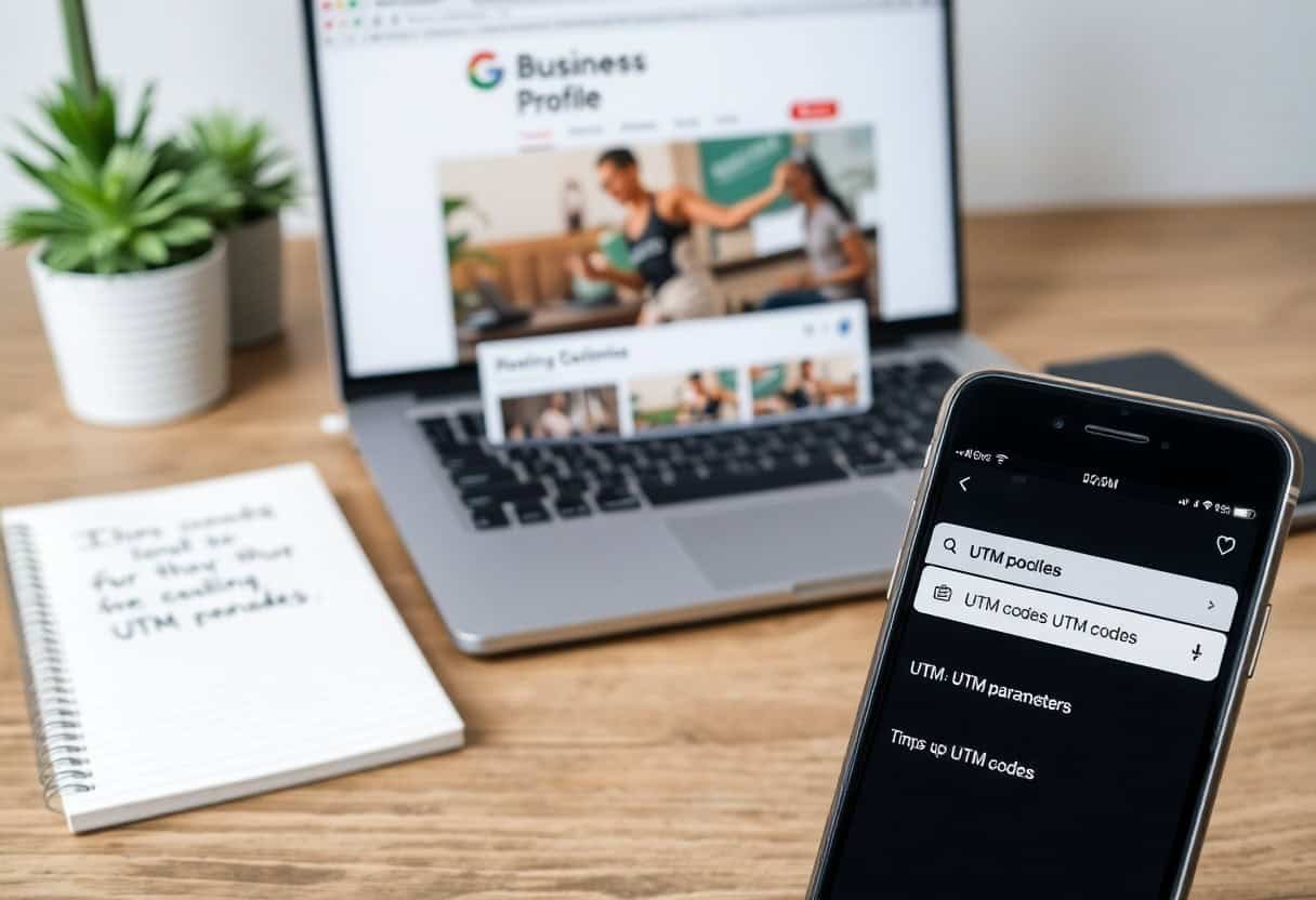 A smartphone showing a search for local SEO and AI search optimization is held near an open laptop displaying a business profile page. A notepad, pen, and potted plant are also on the wooden desk.