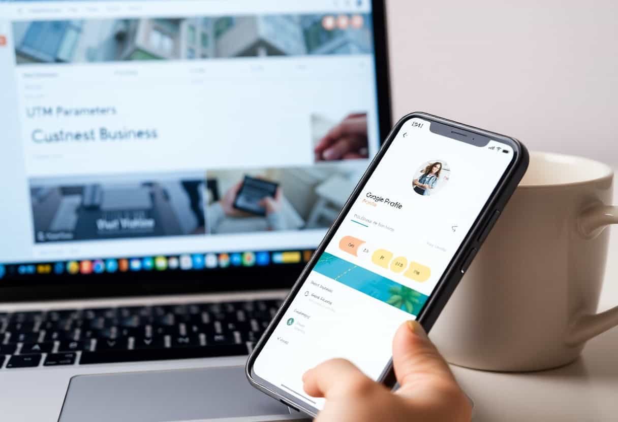 A person holding a smartphone showing a Google profile screen, with a laptop displaying a blurred business website in the background and a white coffee mug nearby—perfect for exploring local SEO and AI search optimization.