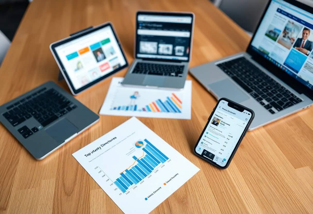 Four laptops and a smartphone on a wooden table display graphs, charts, and web pages focused on local SEO and AI search optimization. Printed graphs with colorful bars highlight data analysis during a collaborative business meeting.