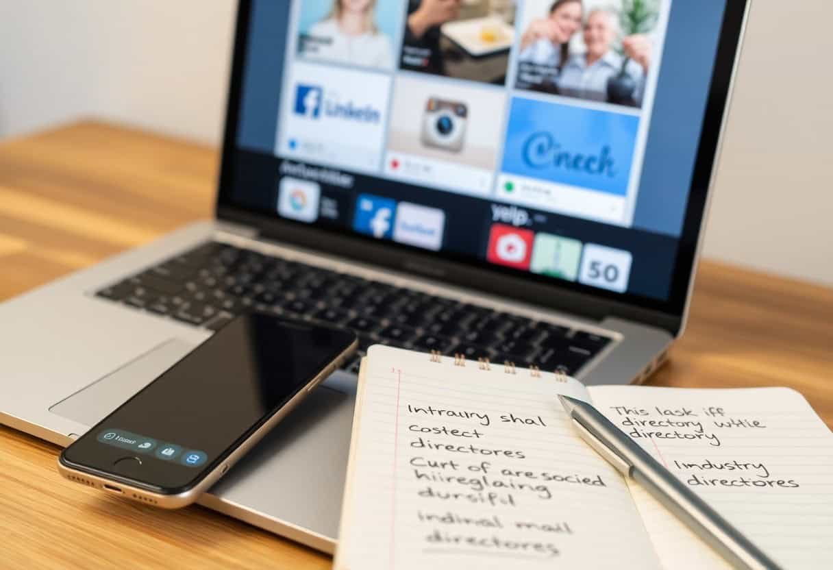 A smartphone and an open notebook with handwritten notes rest on a desk next to a laptop displaying various social media icons, reflecting the importance of local SEO and AI search optimization in today’s digital landscape.