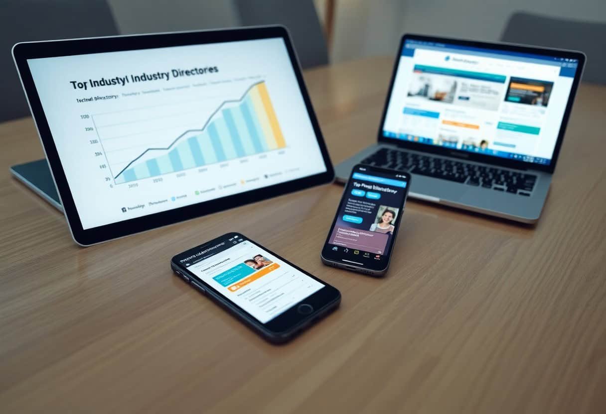 A tablet, laptop, and two smartphones are placed on a wooden table. The screens display charts and websites, highlighting business data and online content focused on local SEO and AI search optimization.