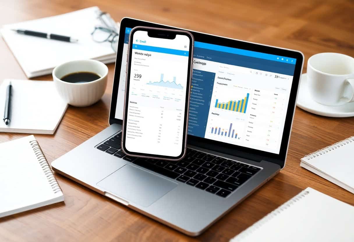 A smartphone displaying local SEO and AI search optimization analytics rests on a laptop keyboard with charts and graphs. Nearby are a cup of coffee, a pen, and notebooks on a wooden desk.