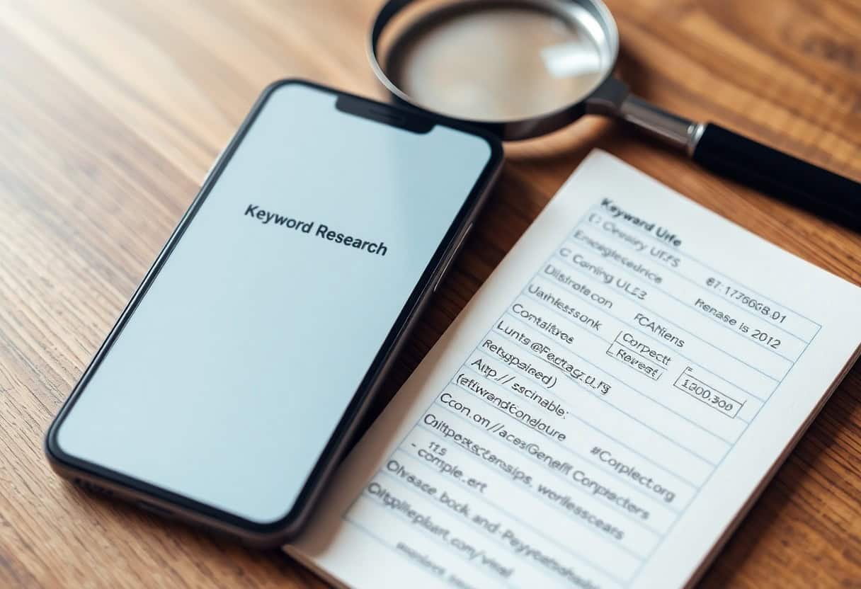 A smartphone displaying Keyword Research on its screen sits next to a printed document with a list and a magnifying glass—perfect tools for mastering local SEO and AI search optimization on a wooden surface.