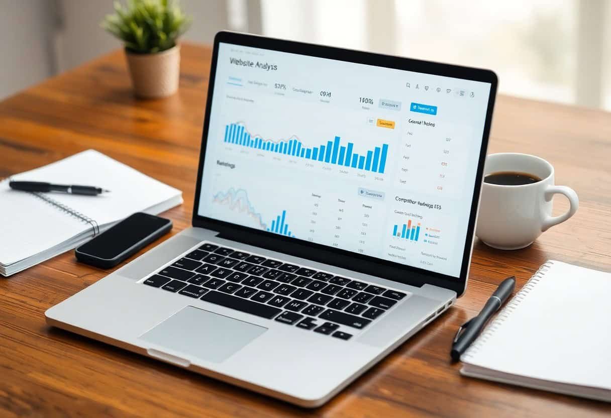 A laptop on a wooden desk displays website analytics with graphs and charts, highlighting local SEO and AI search optimization. Nearby are a smartphone, a pen, an open notebook, and a closed notebook. A plant is blurred in the background.