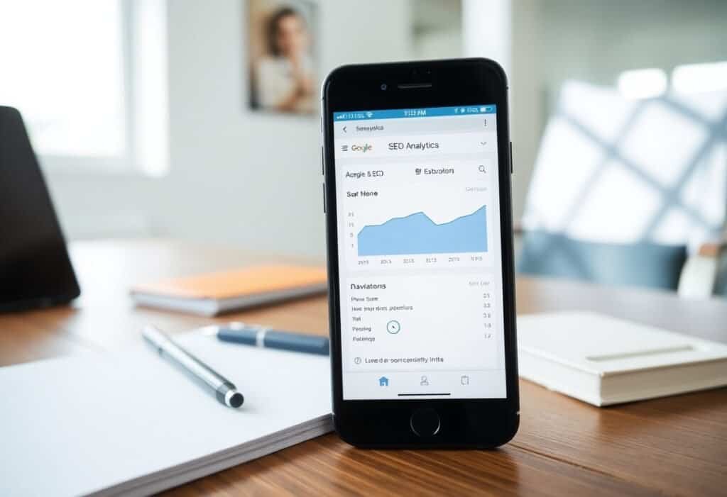 SEO analytics on smartphone screen demonstrating local SEO and AI search optimization tools; digital marketing, data analysis, and online search performance.