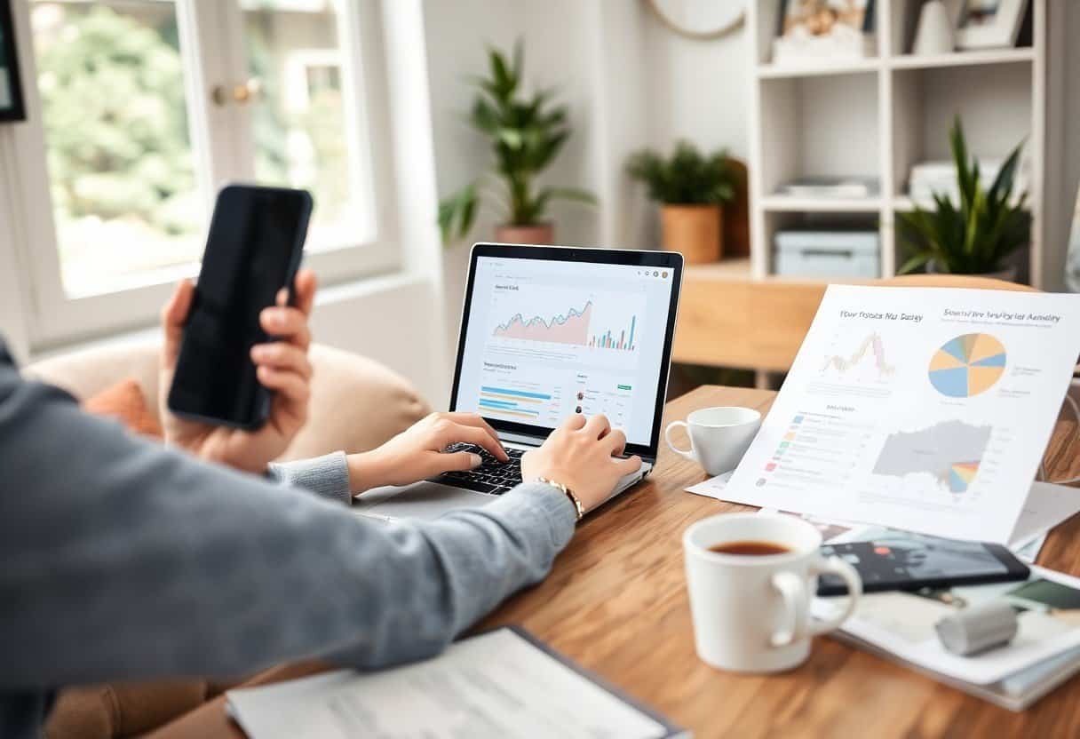 Optimized local SEO and AI search analysis workspace with person analyzing data on laptop and smartphone.