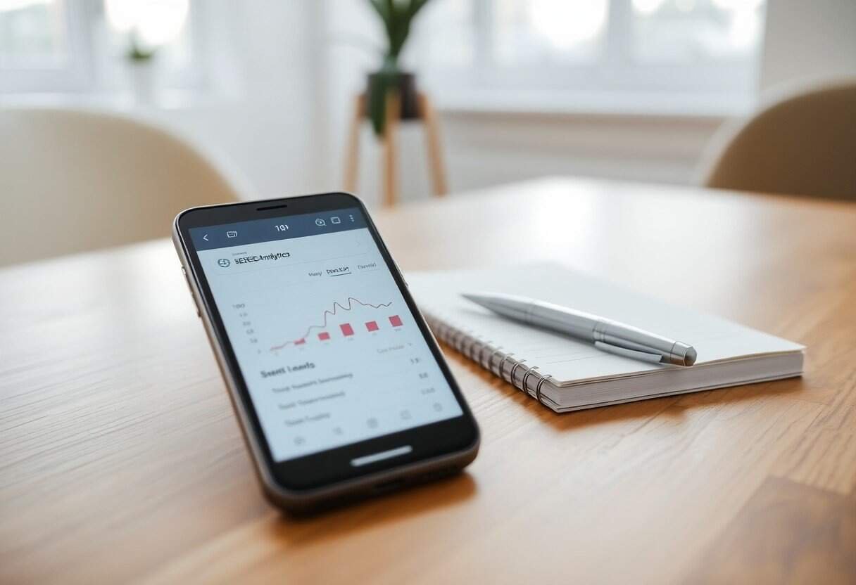 Smartphone displaying local SEO analytics at a wooden desk, with a notepad and pen nearby, showcasing digital marketing insights and AI search optimization strategies.