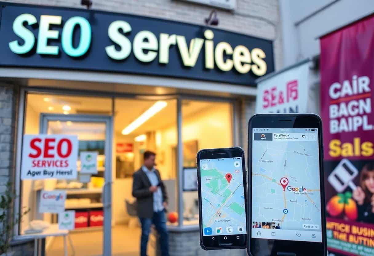 SEO services storefront displaying local search optimization for small businesses, highlighting digital marketing expertise.