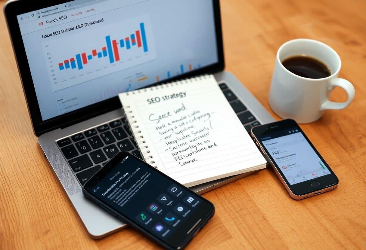 Optimized local SEO strategy with AI search tools on a laptop, smartphone, and notepad, highlighting digital marketing and SEO planning for effective online visibility, business growth, and search engine ranking.
