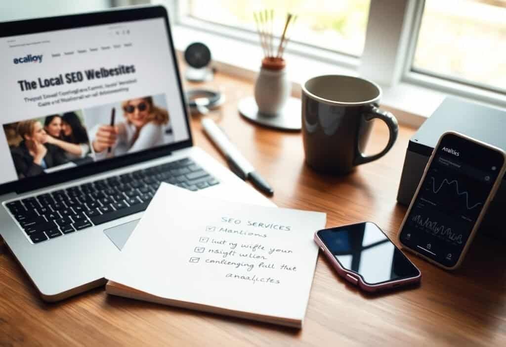 Unique SEO strategy workspace with laptop, smartphone, and handwritten notes on local SEO services contrasted with analytics data and a coffee mug.