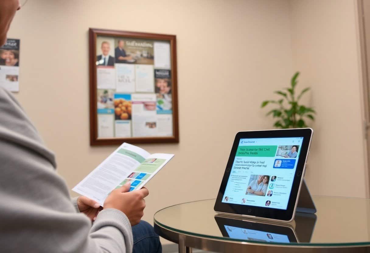 Thumbnail of person reviewing printed materials next to a tablet displaying local SEO and AI search optimization content at Droved agency.