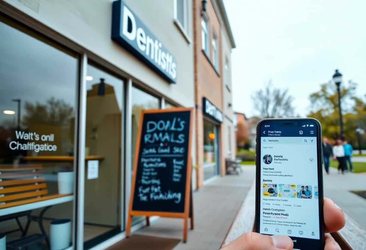 Chiropractic clinic storefront with a customer using a mobile device to access local business reviews and SEO services, emphasizing local SEO and AI search optimization.