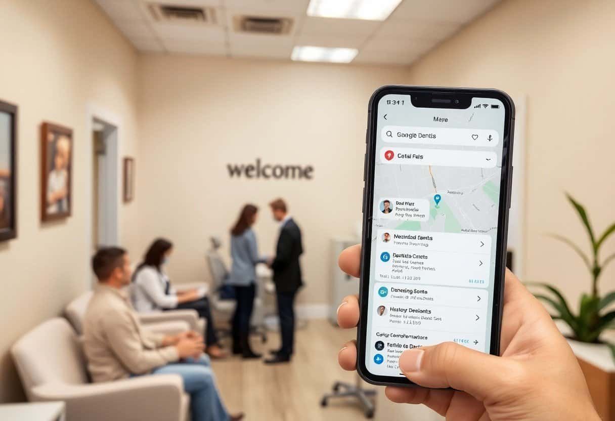 Location-based local SEO and AI search optimization strategies displayed on smartphone at dental office reception area during appointment.