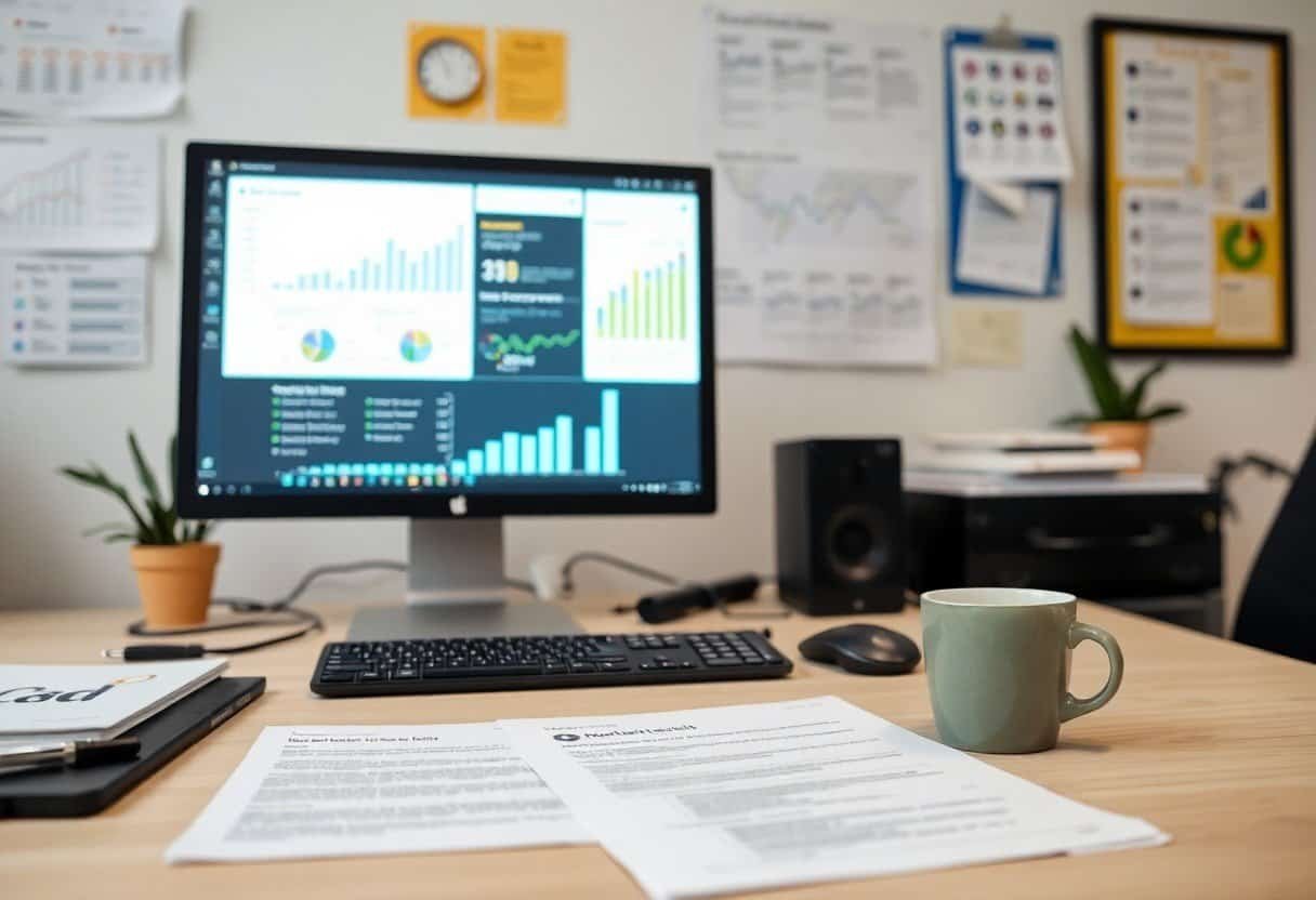 High-tech office workspace featuring a computer monitor displaying digital marketing analytics, with documents, notebooks, a coffee mug, and office decor, showcasing SEO and digital marketing strategies at Droved.