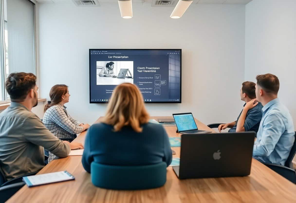 High-tech business meeting with professionals discussing digital marketing, SEO strategies, and AI search optimization in a modern conference room for enhanced local SEO results.