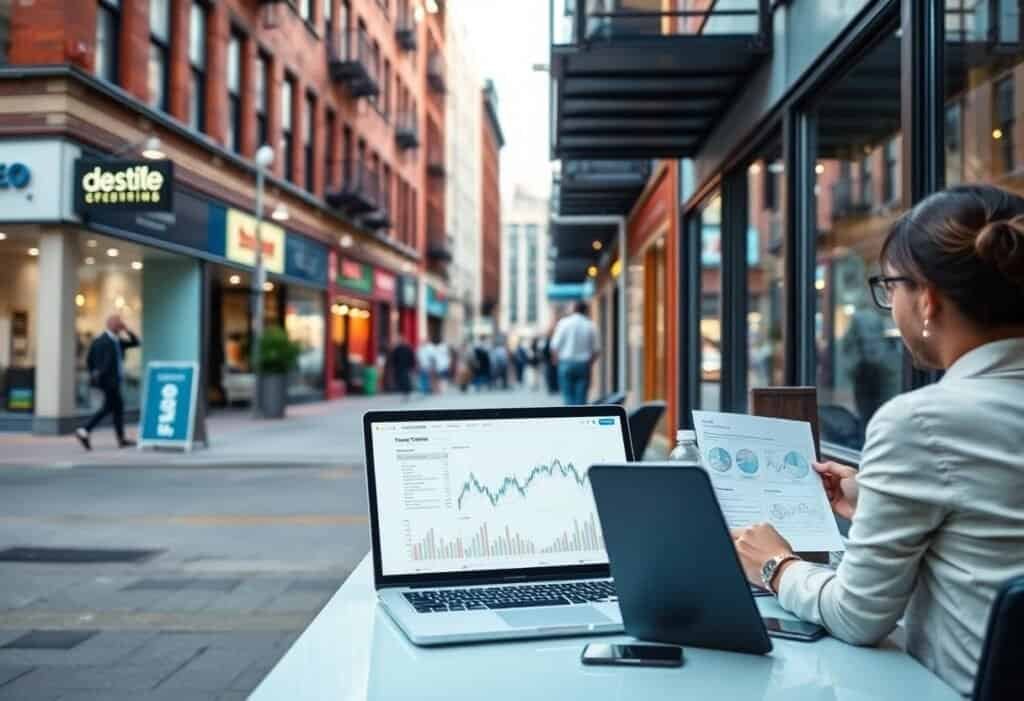 Innovative woman working on data analysis with laptop, tablet, and smartphone at outdoor cafe in urban city street with shops and pedestrians for local SEO and AI search optimization.