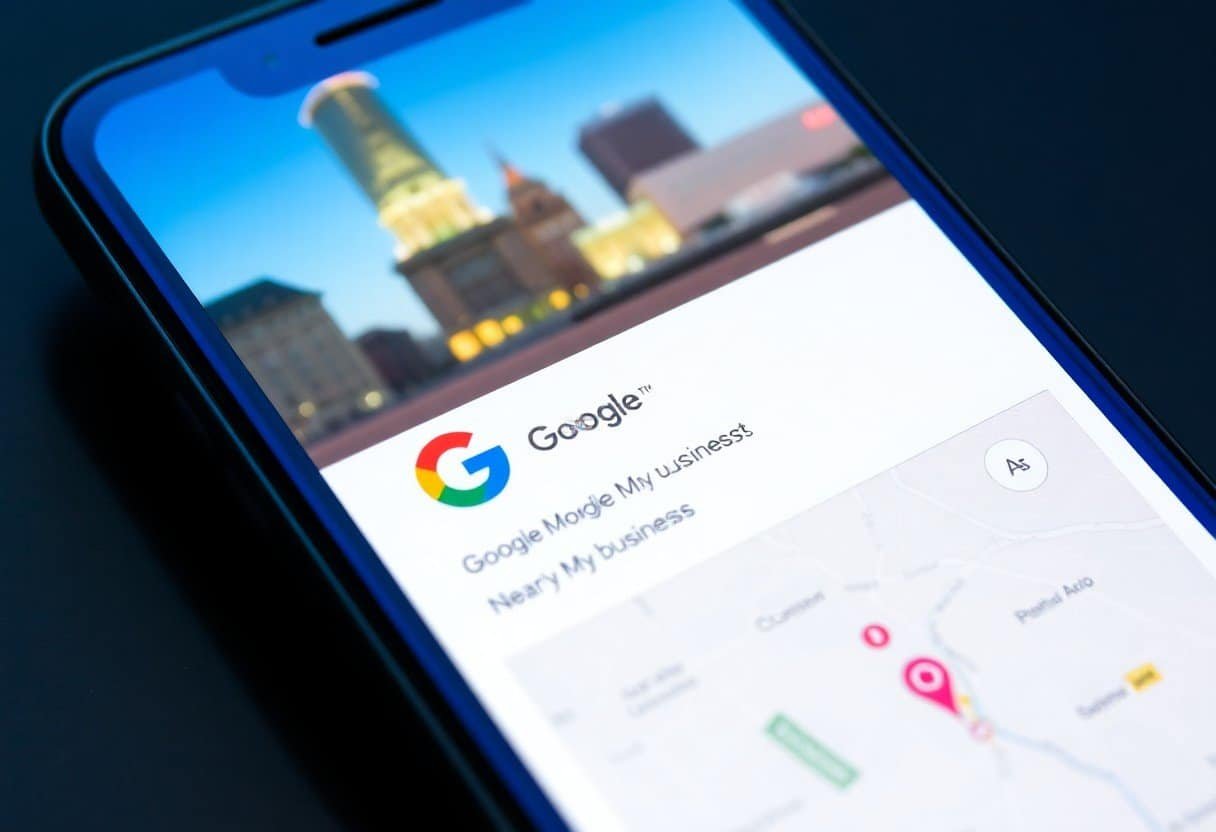 Google maps on smartphone displaying local business search results with map markers and cityscape background, SEO for local search & AI optimization, Droved agency focus.