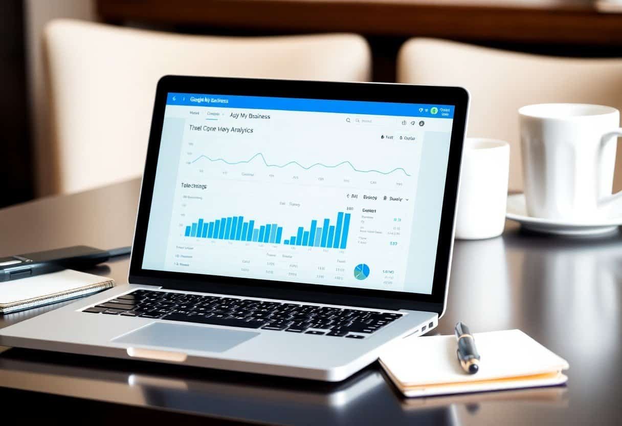 Laptop displaying local SEO analytics dashboard, highlighting AI-powered search optimization tools for small business growth and digital marketing effectiveness.
