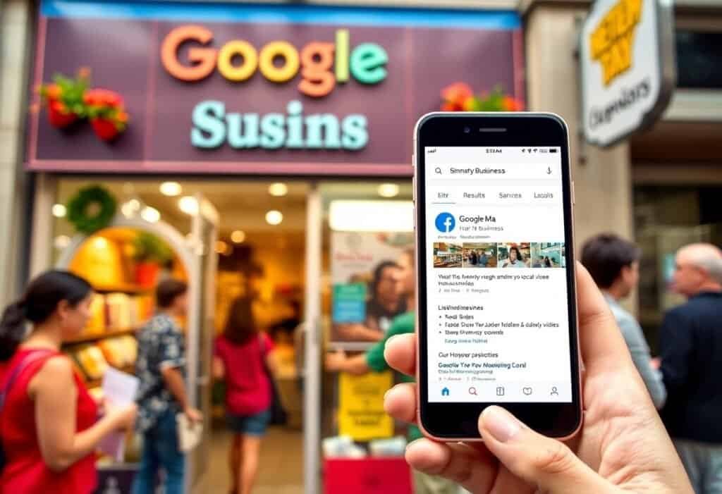 Google My Business listing on smartphone outside a restaurant.