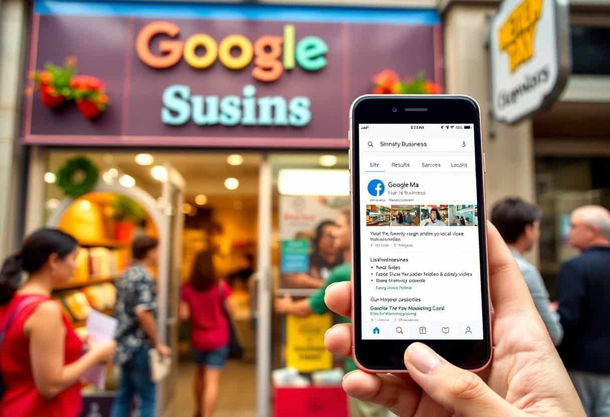 Google My Business listing on smartphone outside a restaurant.
