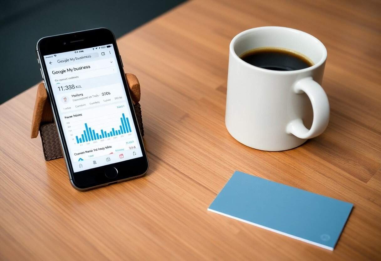 Google My Business analytics on smartphone showcasing local SEO insights and performance data.